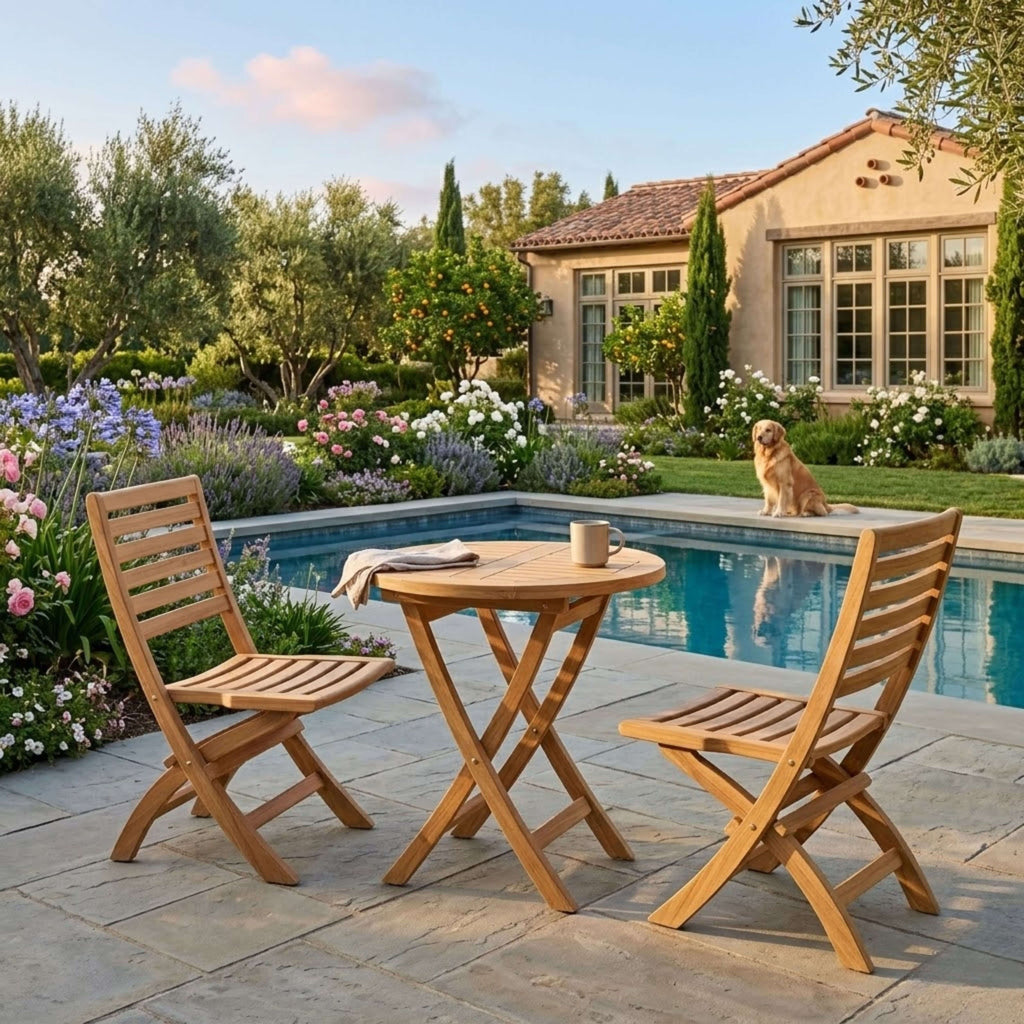 Bahama Andrew round teak bistro table and two folding chairs beside a garden pool