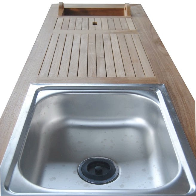 Aluminum sink detail on Safari mobile teak outdoor bar station — Anderson Teak TB-6620BT