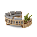 6-Seat Circular Modular Teak Deep Seating Set with gray Sunbrella cushions and circular planter