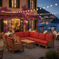 8-Piece Teak and Woven Modular Lounge Set — Luxe with red cushions on a waterfront terrace