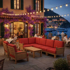 8-Piece Teak and Woven Modular Lounge Set — Luxe with red cushions on a waterfront terrace