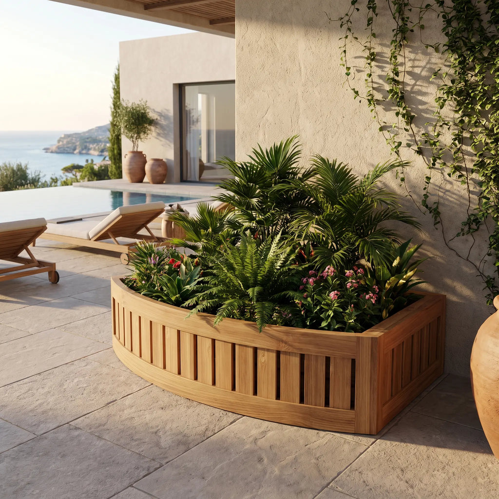 Circular modular teak planter — alternate view