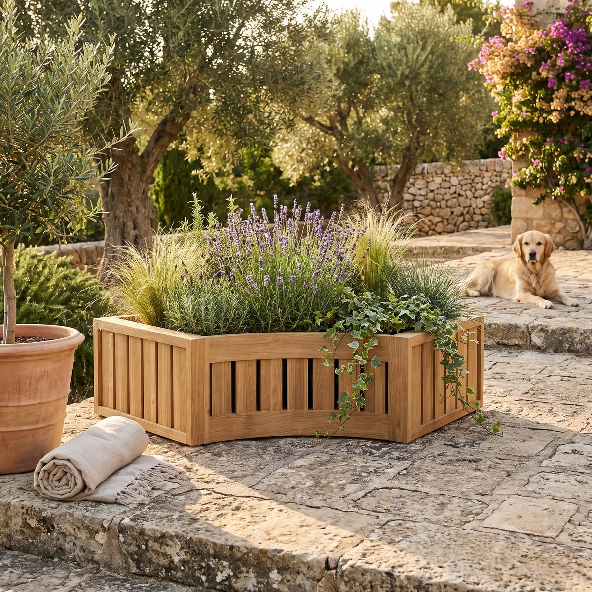Circular modular teak planter — alternate view