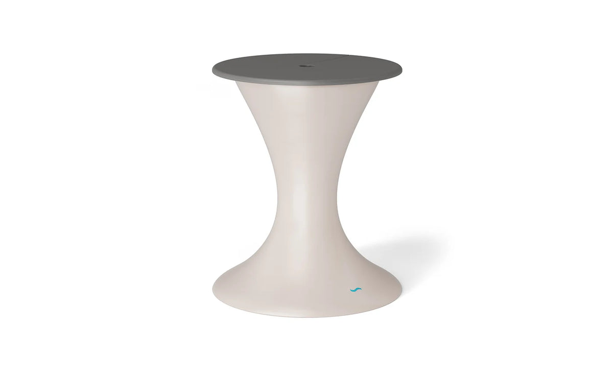 Beige pedestal in-pool umbrella stand with an ice bin and dark gray lid.
