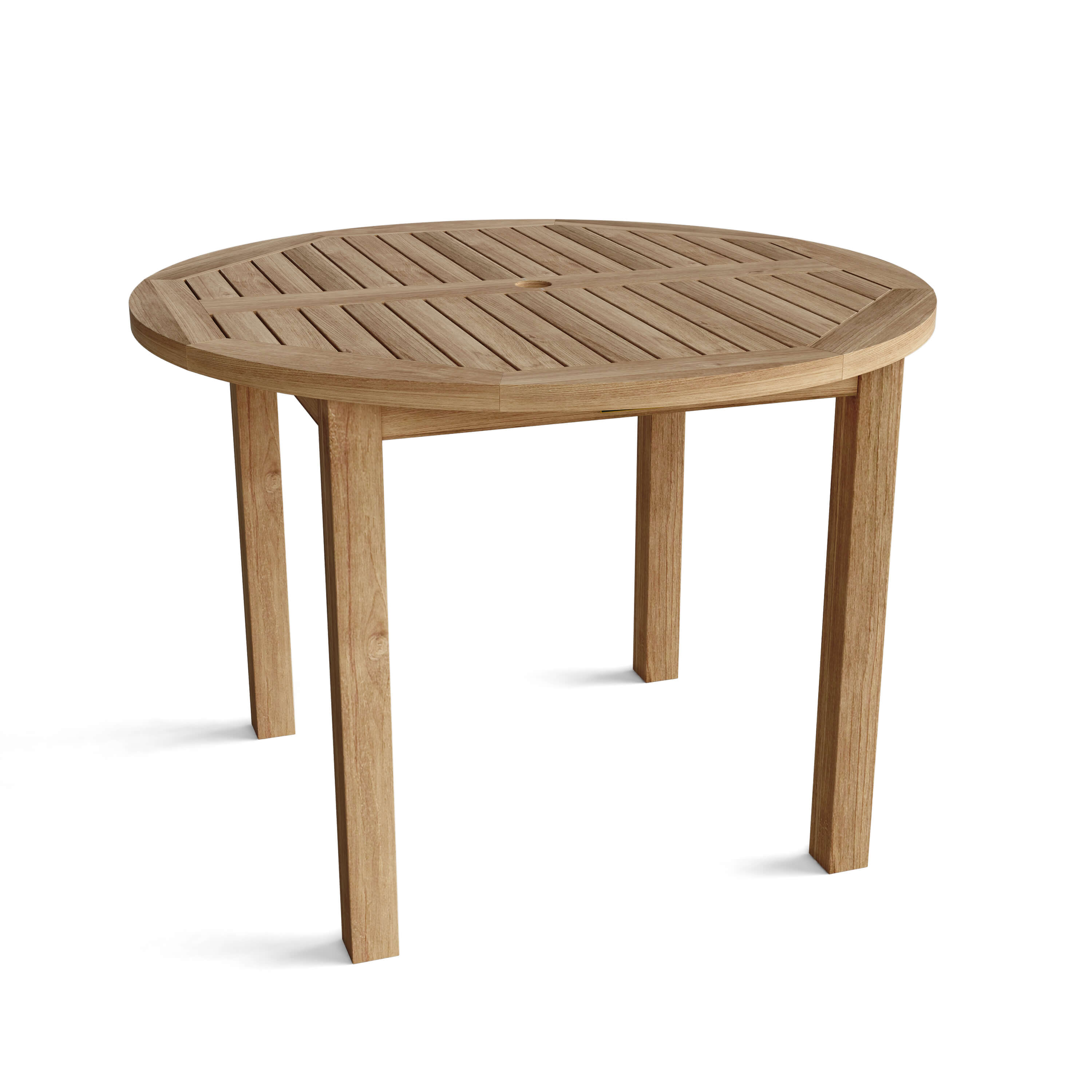 Bahama 42-inch round teak dining table shown at an angle on white
