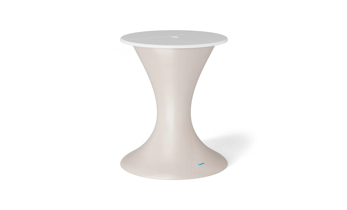 Beige pedestal in-pool umbrella stand with an ice bin and white lid.