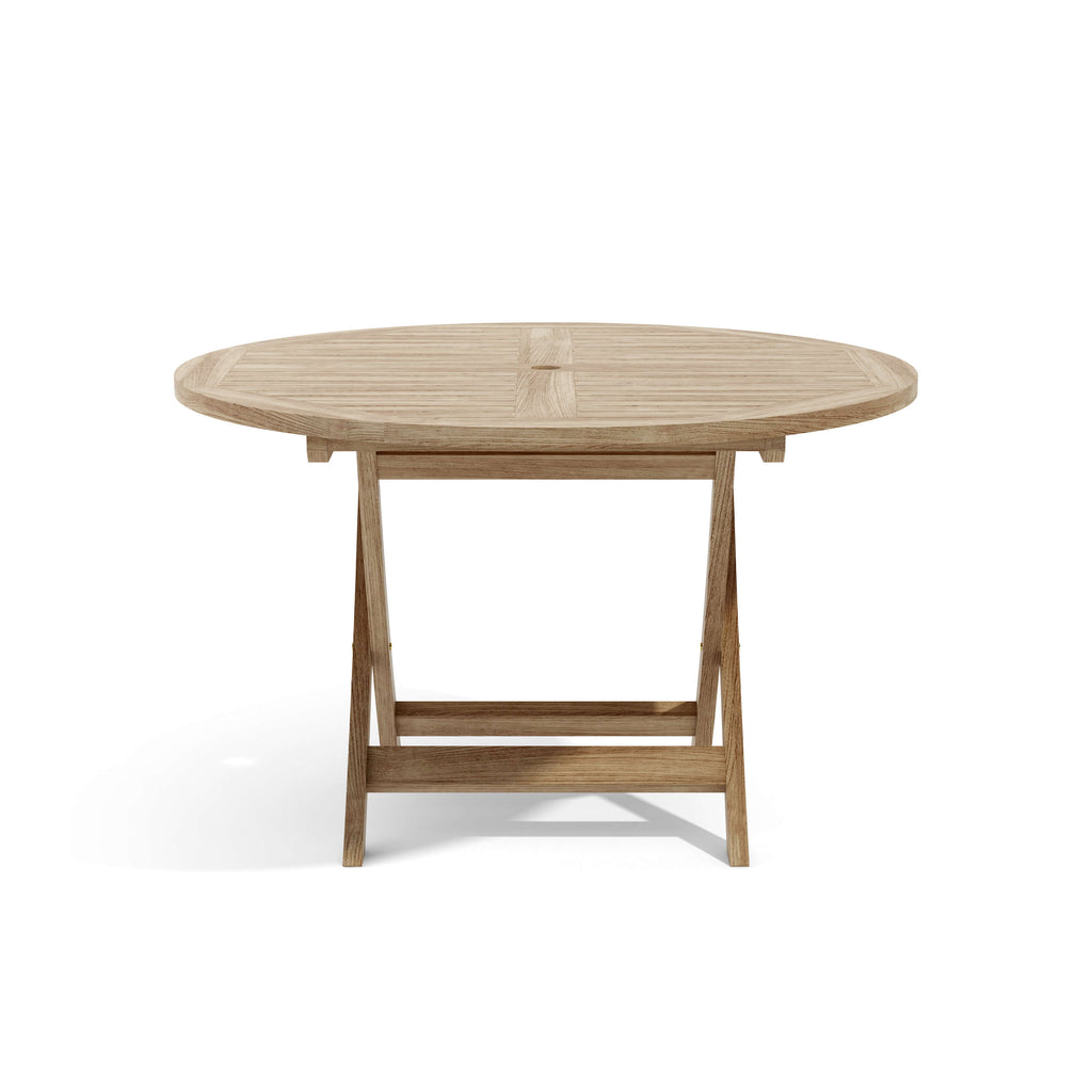 Bahama 47-inch round folding teak table showing the umbrella hole and folding base