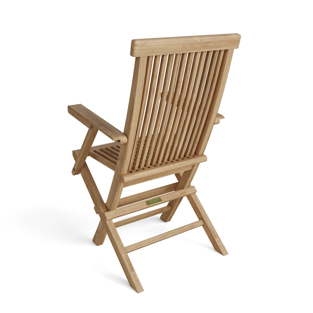 Classic folding teak armchair shown from the rear