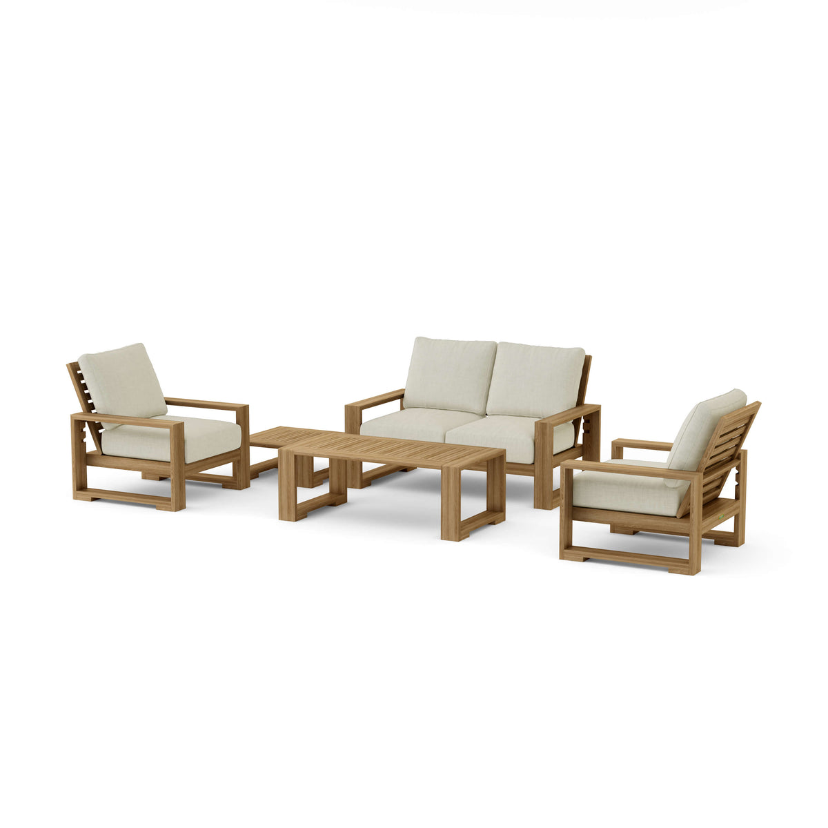 Capistrano five-piece teak loveseat set with Canvas Natural Sunbrella cushions
