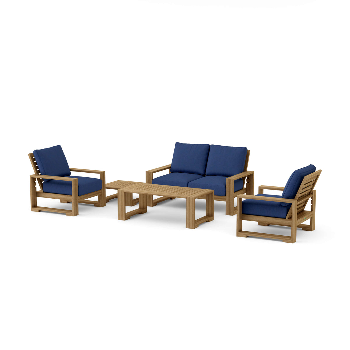 Capistrano five-piece teak loveseat set with Canvas Navy Sunbrella cushions