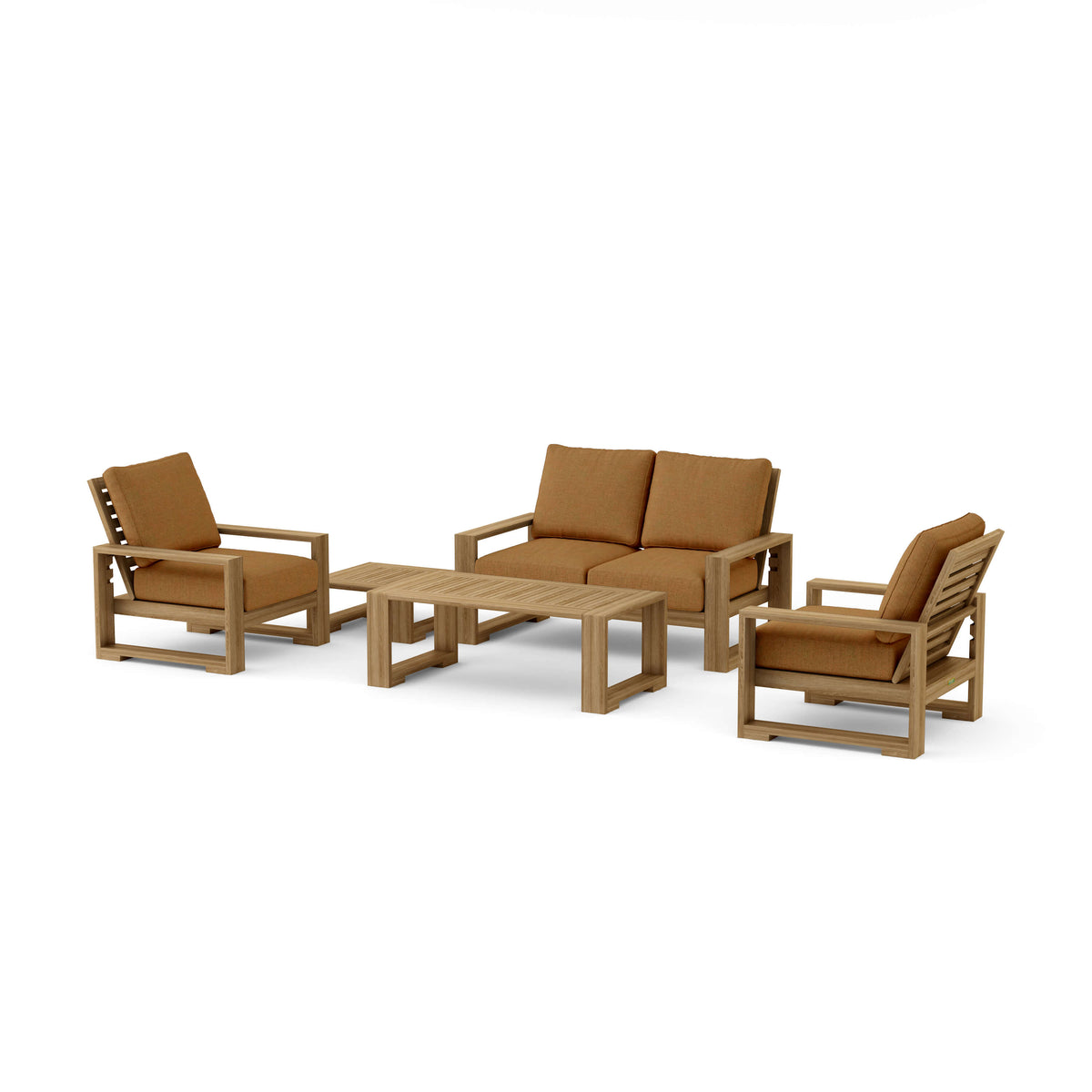 Capistrano five-piece teak loveseat set with Canvas Teak Sunbrella cushions