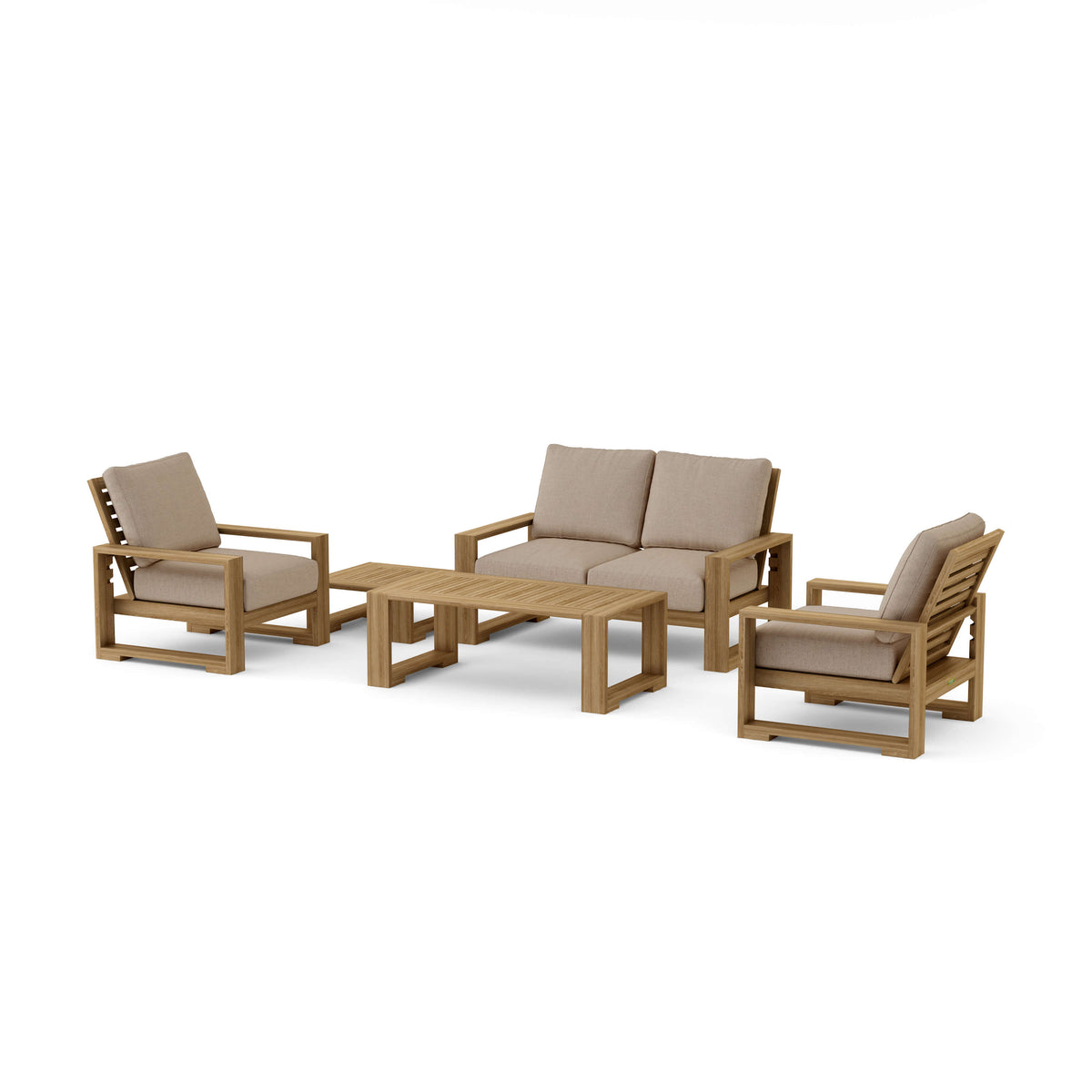 Capistrano five-piece teak loveseat set with Cast Ash Sunbrella cushions