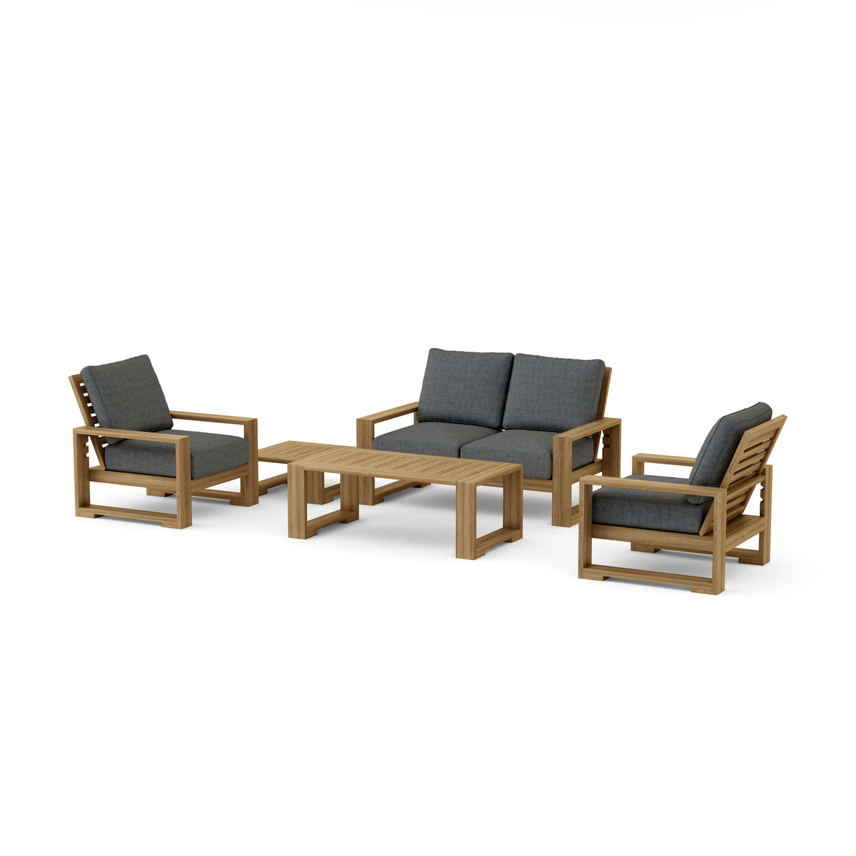 Capistrano five-piece teak loveseat set with Cast Charcoal Sunbrella cushions
