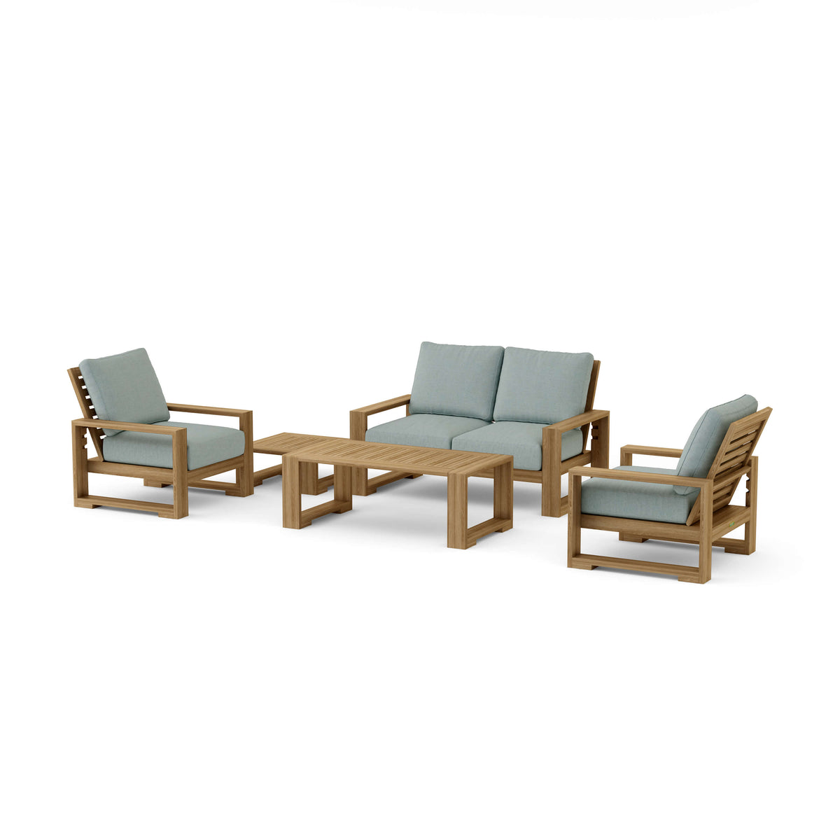 Capistrano five-piece teak loveseat set with Cast Mist Sunbrella cushions