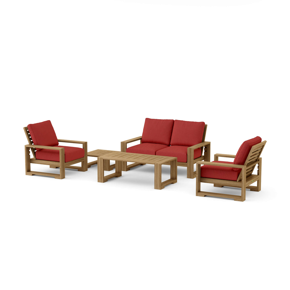 Capistrano five-piece teak loveseat set with Cast Pomegranate Sunbrella cushions