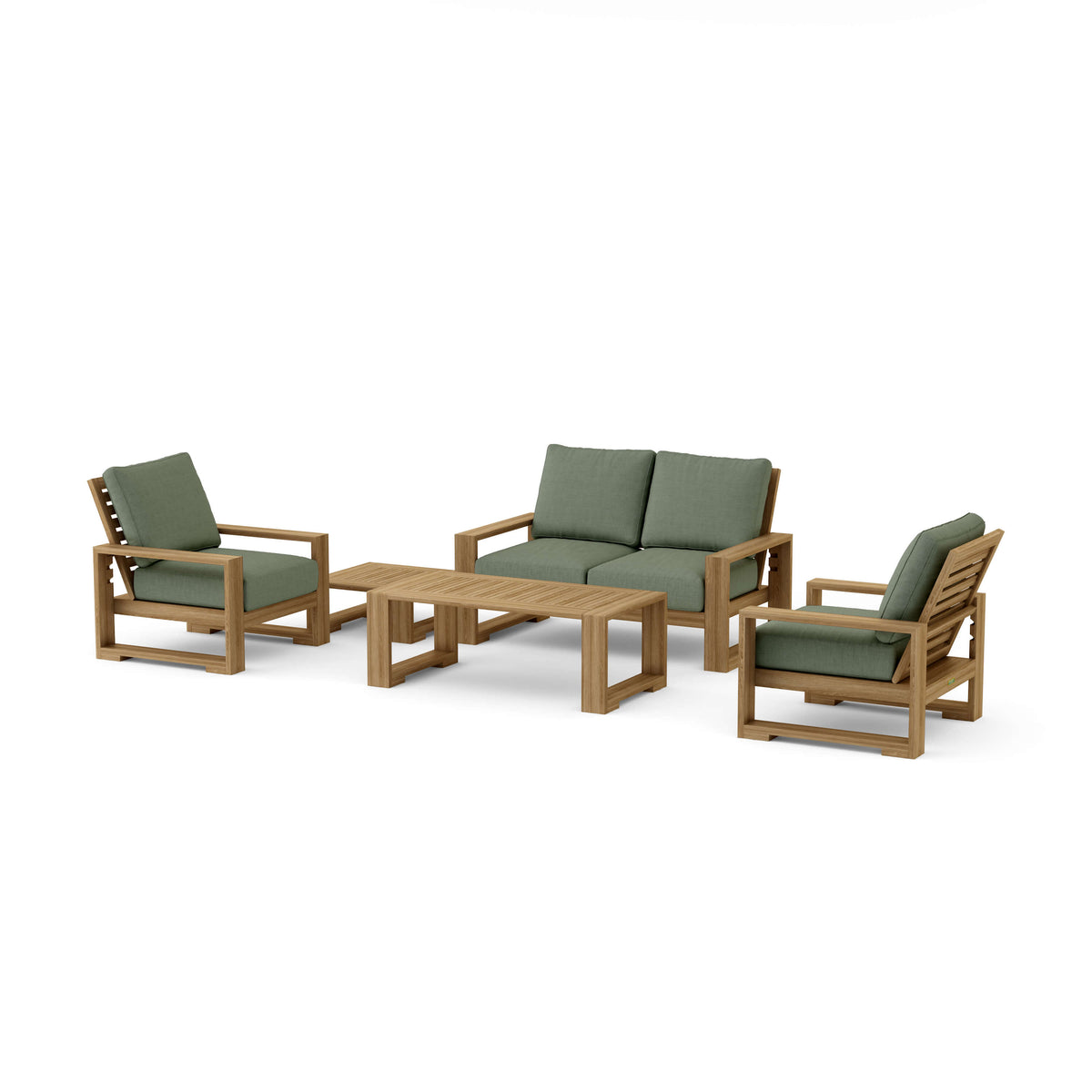 Capistrano five-piece teak loveseat set with Cast Sage Sunbrella cushions