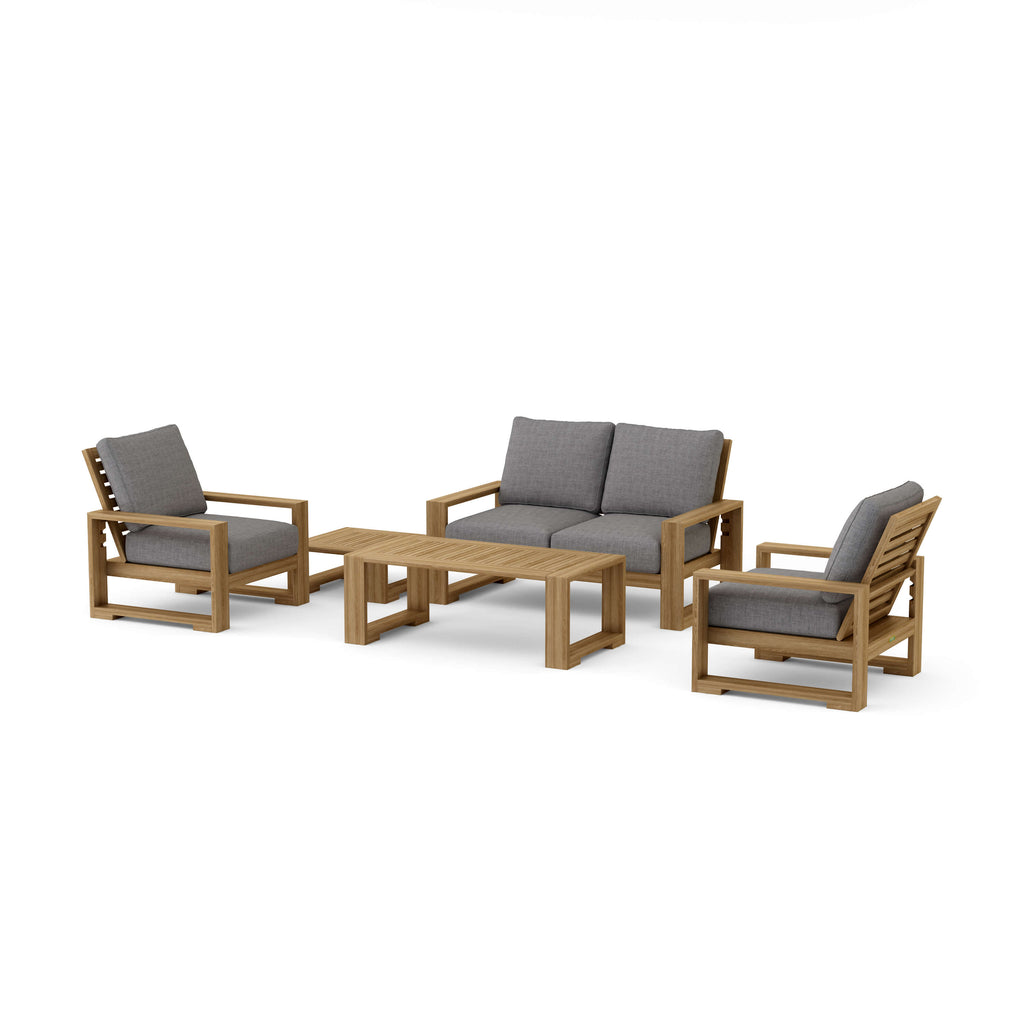 Capistrano five-piece teak loveseat set with Cast Slate Sunbrella cushions