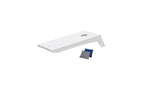 White portable Cornhole Toss board and example bean bags; two boards and eight Royal Blue and Gray bags are included