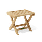 Katana folding teak foot stool, three-quarter view
