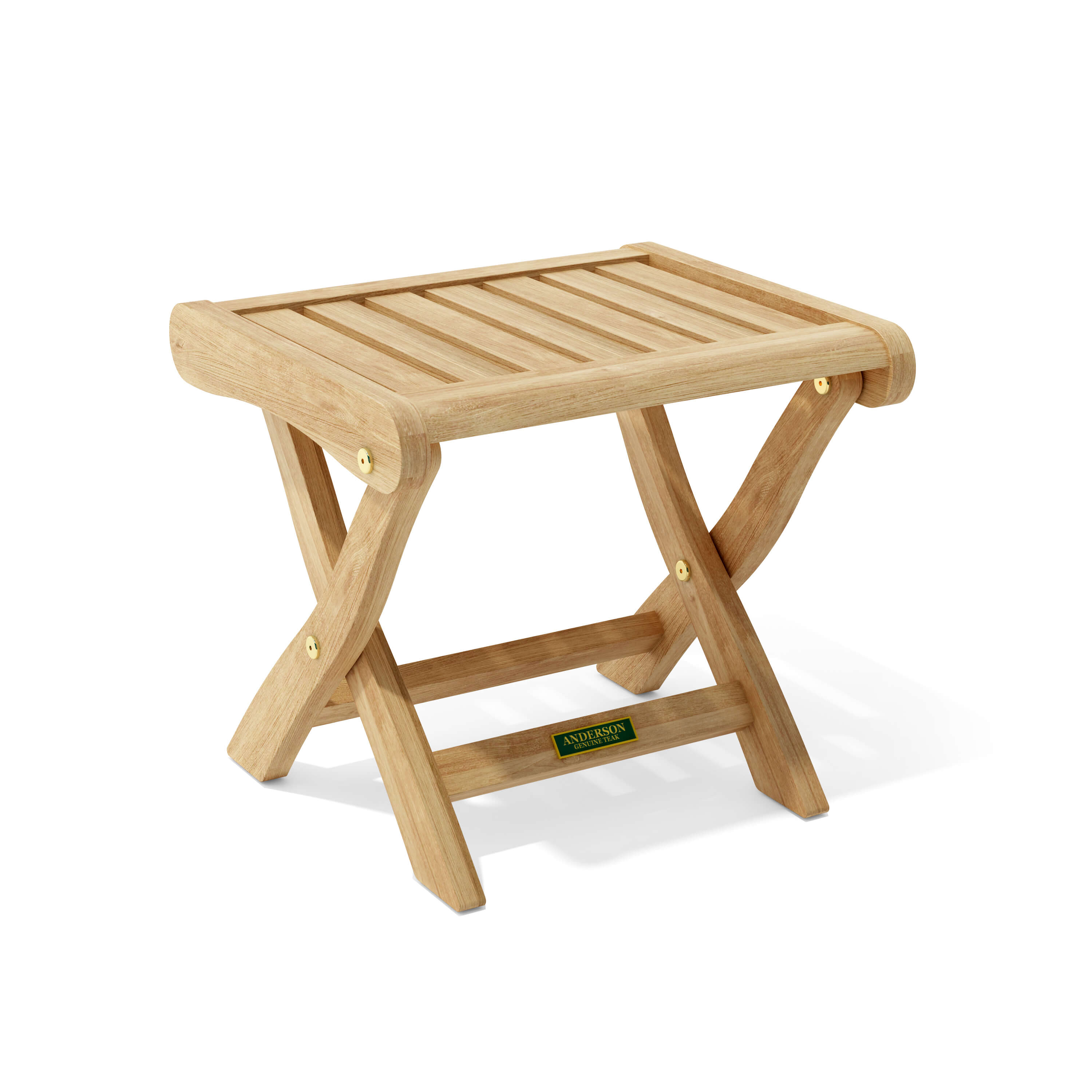 Katana folding teak foot stool, three-quarter view