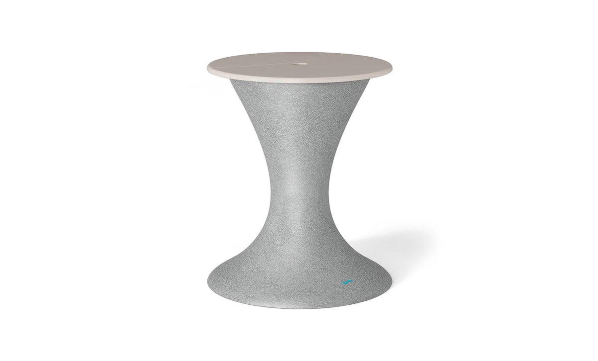 Speckled gray pedestal in-pool umbrella stand with an ice bin and beige lid.