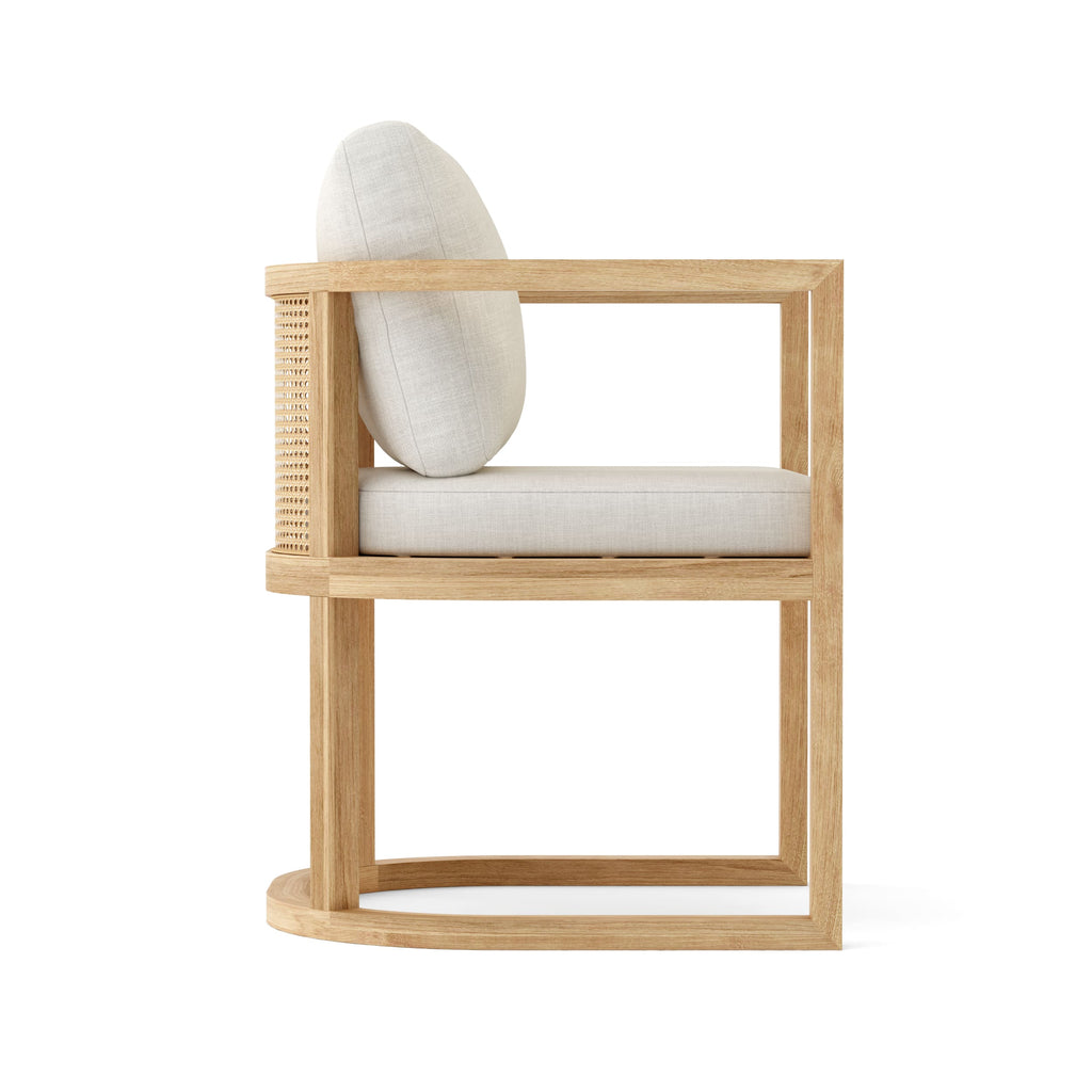 Junus teak and wicker dining armchair with included cushions, side view