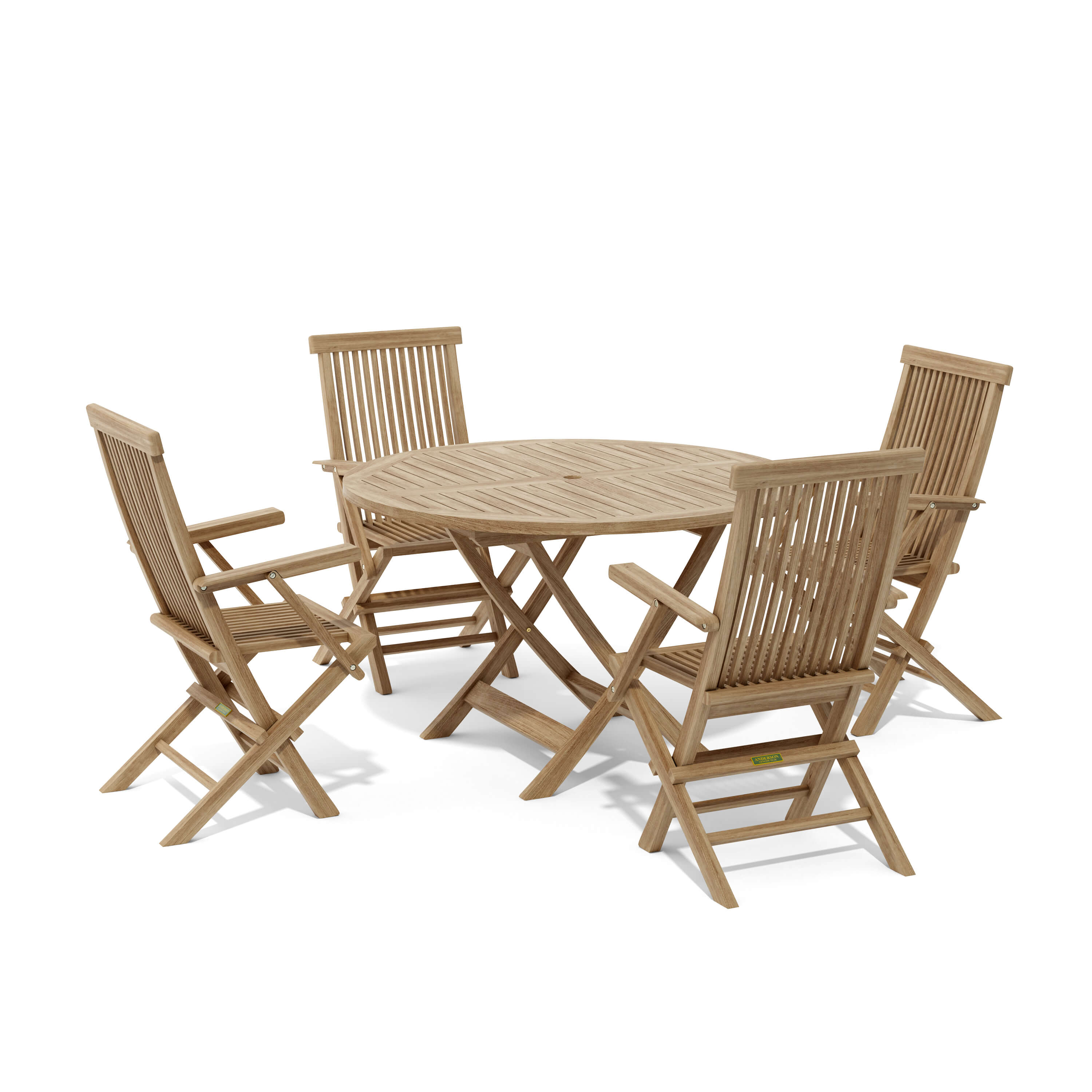 Bahama Classic five-piece teak dining set with round folding table and four armchairs on a white background