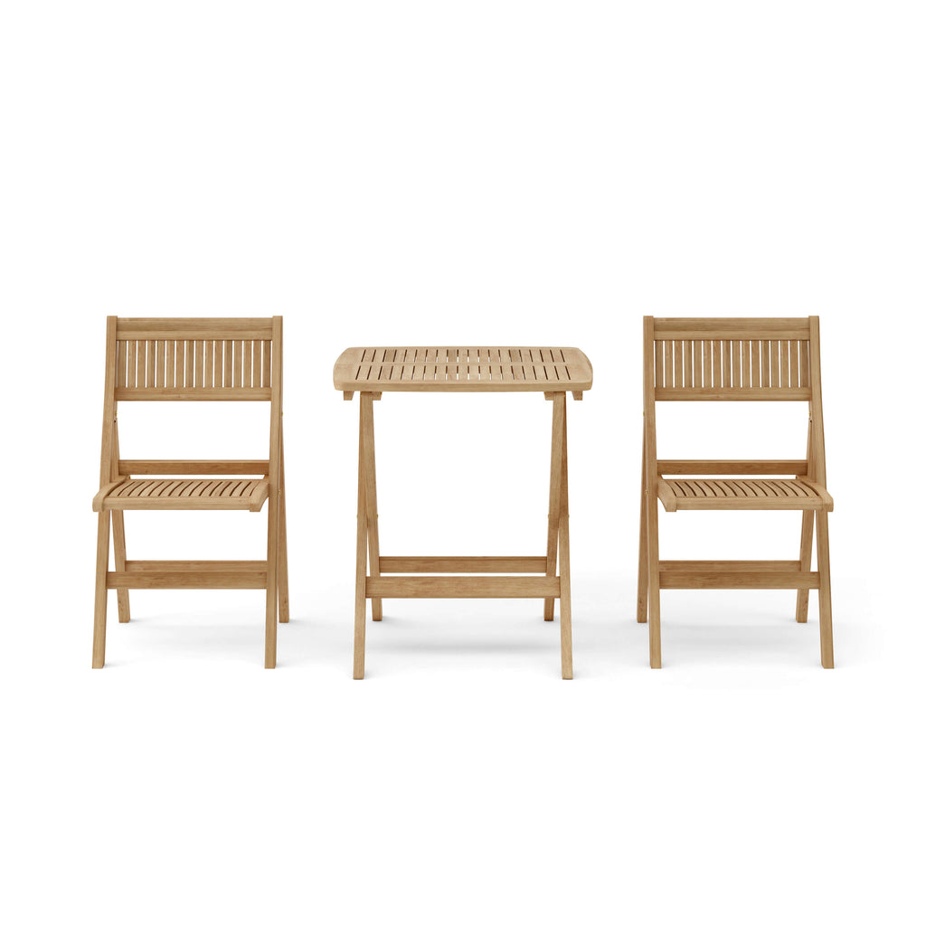 Windsor three-piece square teak bistro set with one folding table and two folding chairs