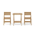 Windsor three-piece square teak bistro set with one folding table and two folding chairs
