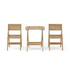 Windsor three-piece square teak bistro set with one folding table and two folding chairs