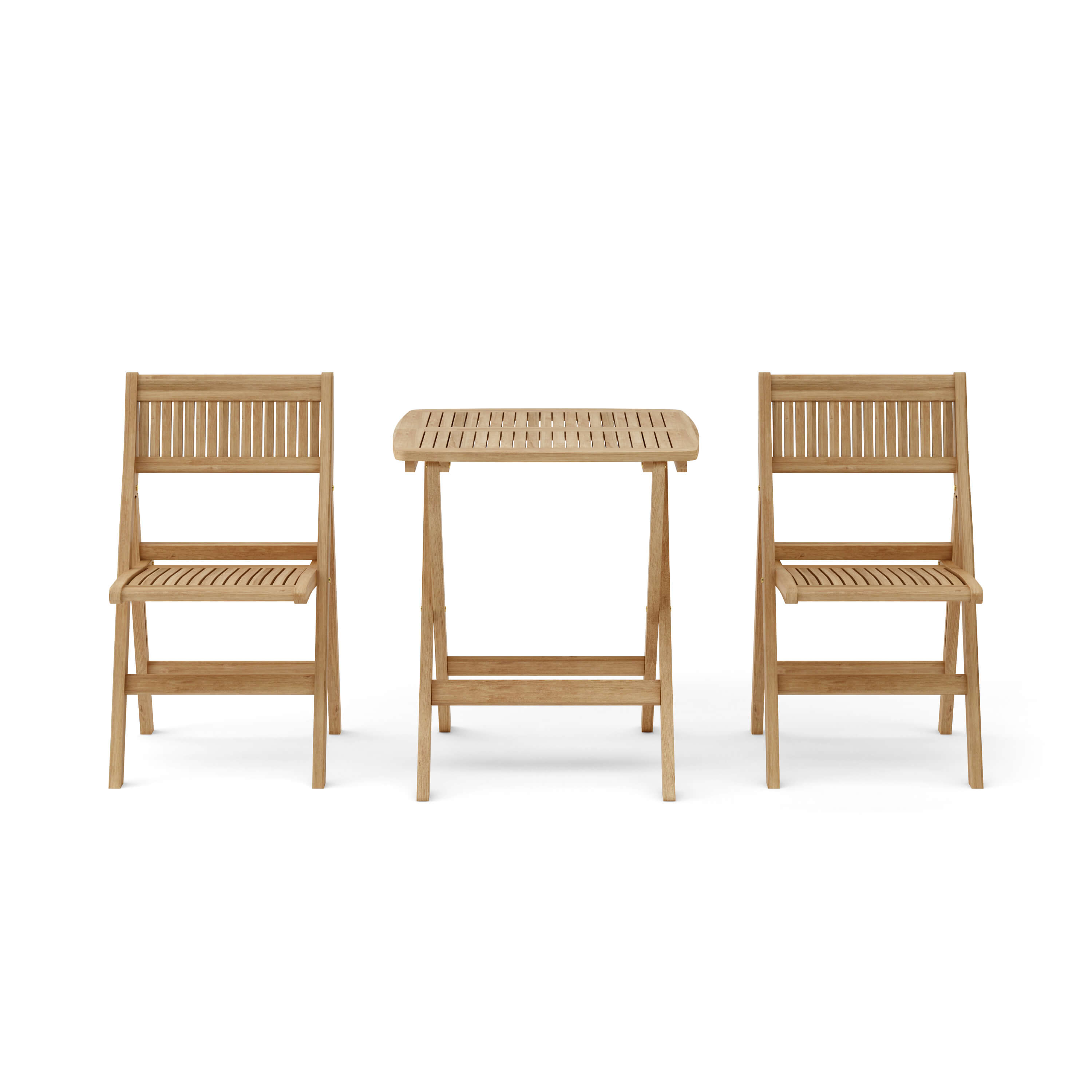 Windsor three-piece square teak bistro set with one folding table and two folding chairs