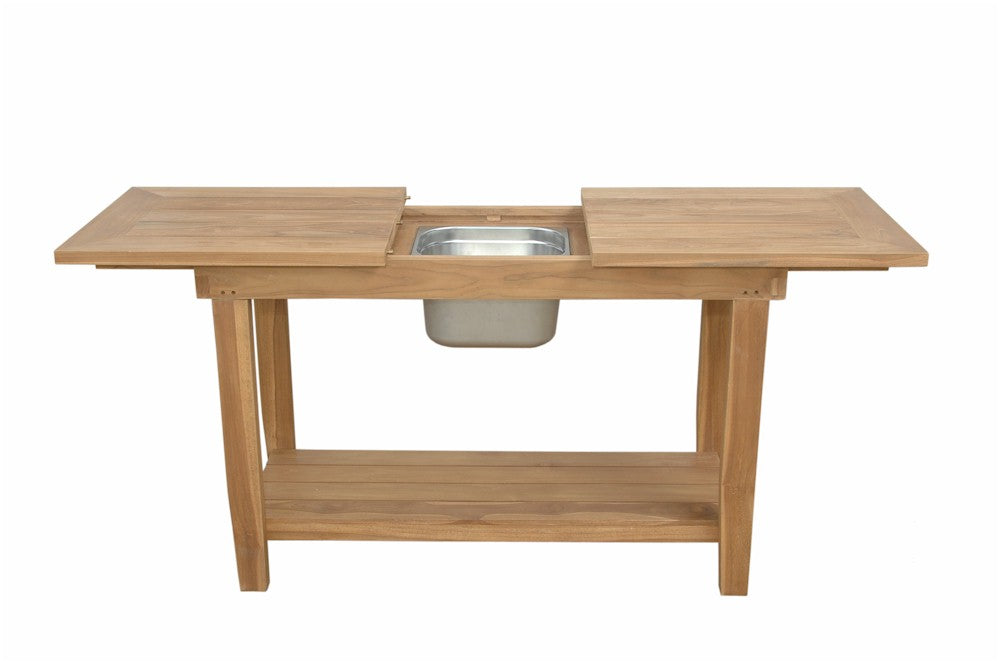 Nautilus teak beverage console with the central stainless-steel bin exposed