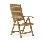 Reclining teak outdoor armchair with curved armrests and a slatted back, shown upright.