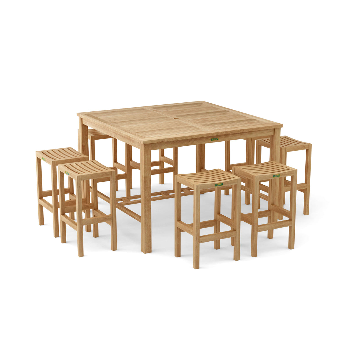 Windsor 59-inch square teak bar table with eight Montego backless bar chairs on a white background