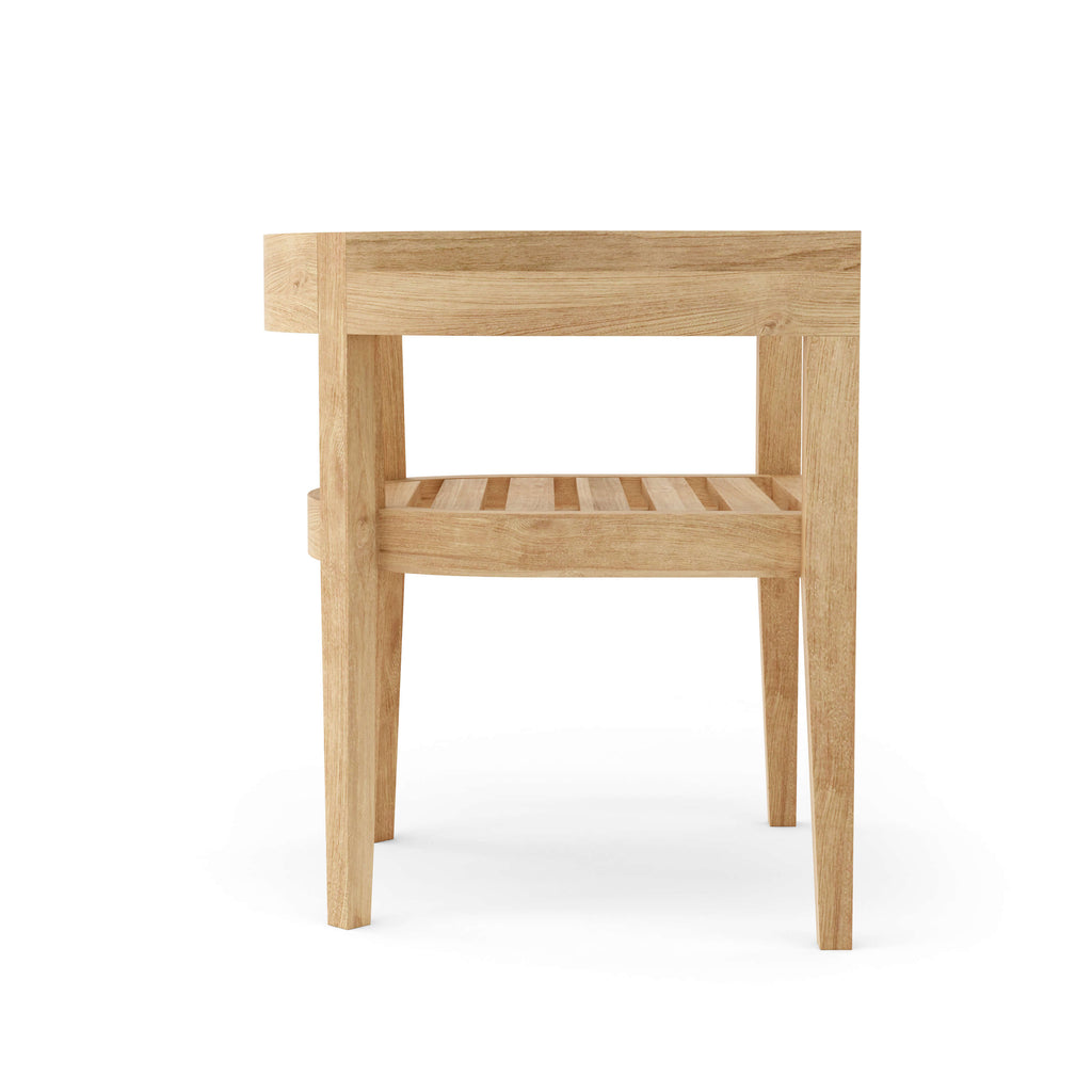 Rear view of a Coronado teak dining armchair showing the wooden frame without cushions.