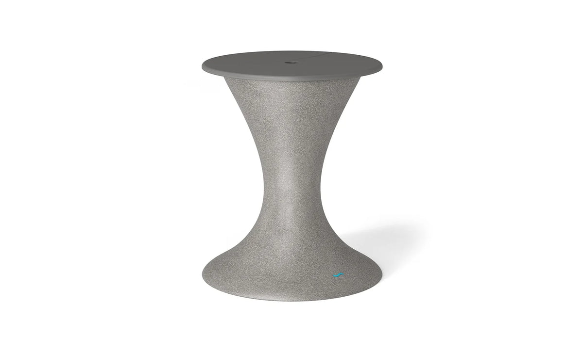 Speckled tan pedestal in-pool umbrella stand with an ice bin and dark gray lid.
