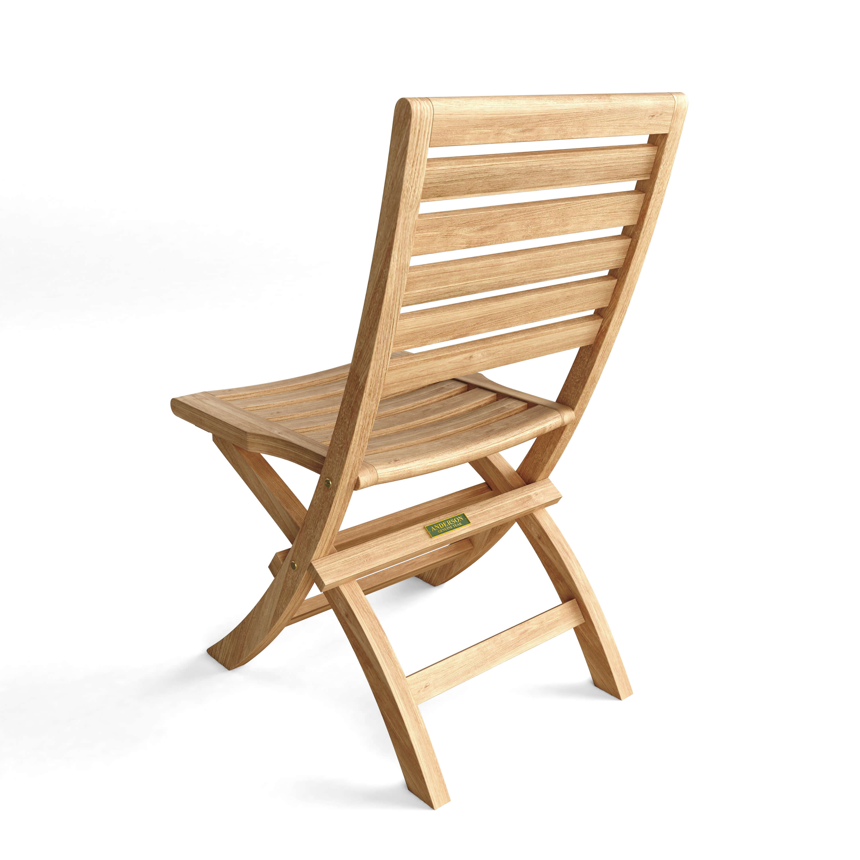 CHF-108 Andrew folding teak chair, rear view with Anderson Teak badge