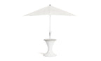 White pedestal umbrella stand with an ice bin shown supporting a white canopy.