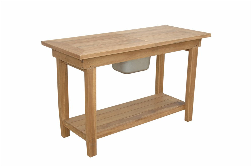 Nautilus teak outdoor beverage console with central stainless-steel bin and lower shelf