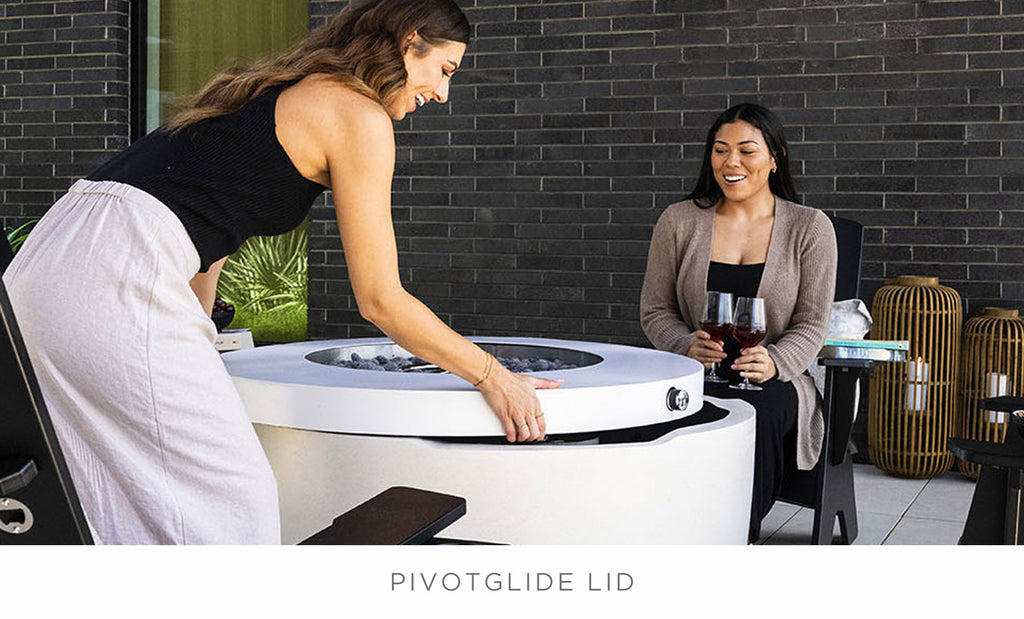 Ledge Lounger Halo Firepit PivotGlide lid detail, concealed propane storage