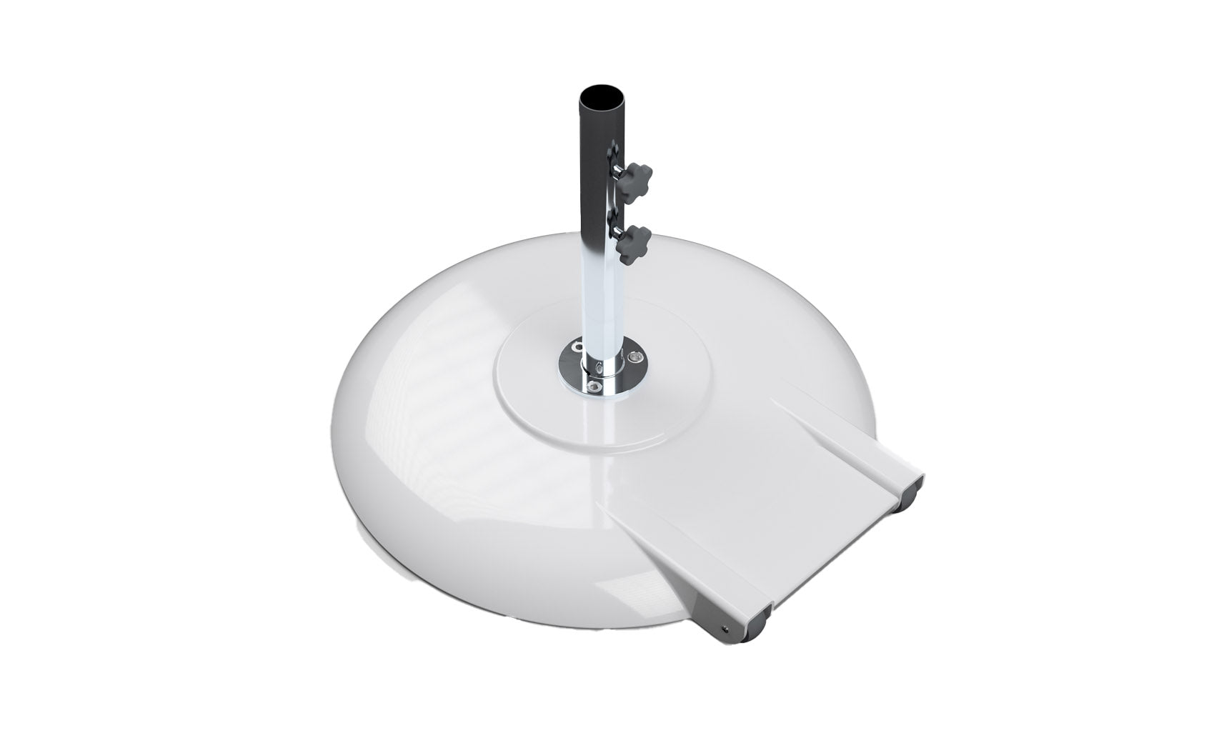 White 150-pound aluminum umbrella base with wheels, 18-inch stem and 1.5-inch pole opening