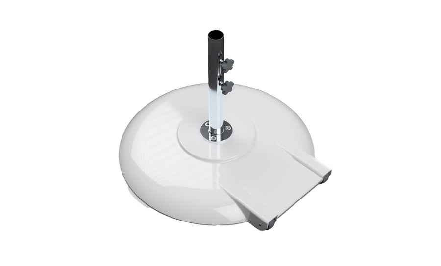 White 150-pound aluminum umbrella base with wheels, 18-inch stem and 1.5-inch pole opening