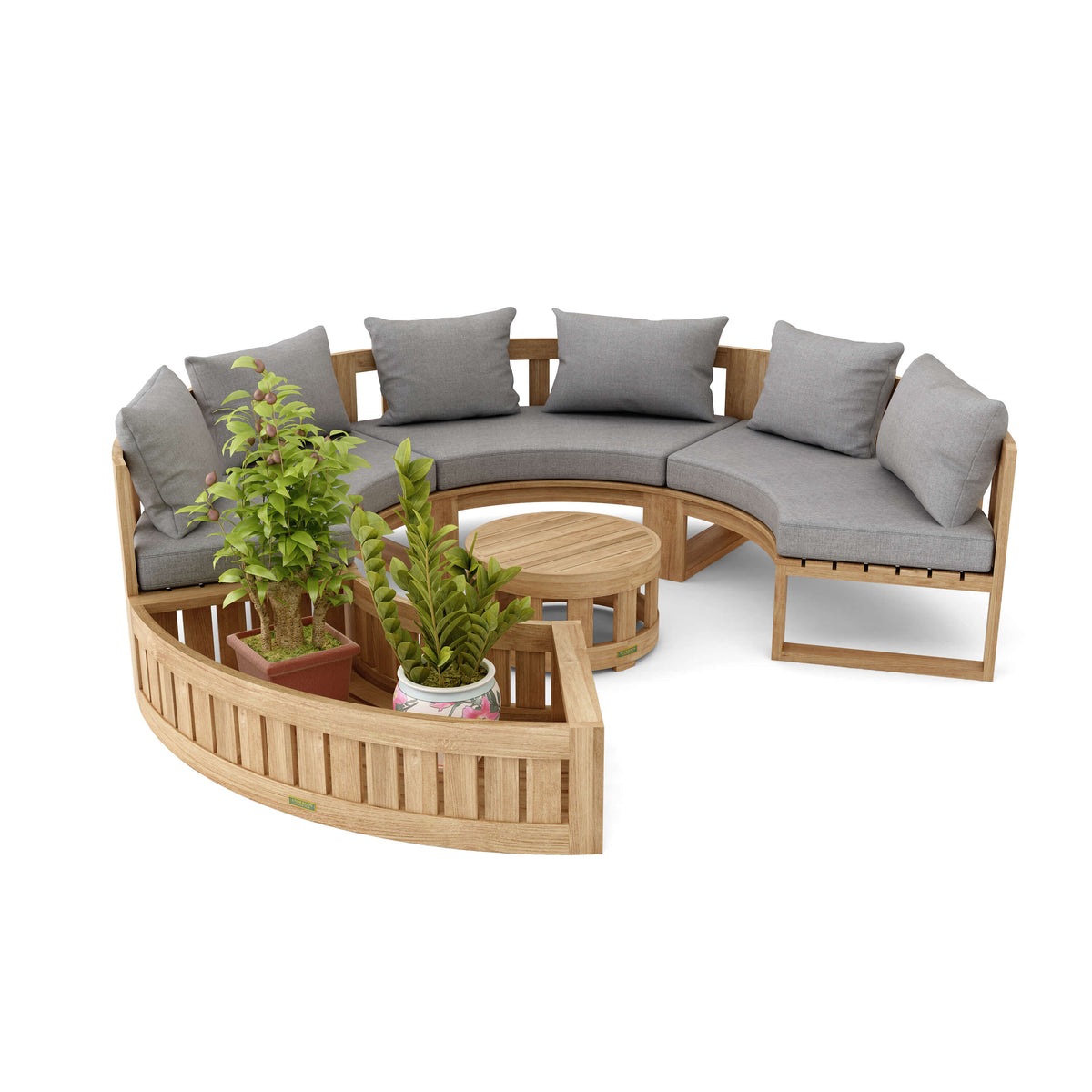 Overhead angled view of a curved teak outdoor conversation set with gray cushions, round table and planter.