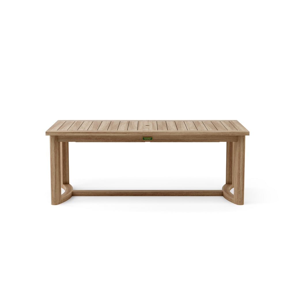 Coronado teak dining table in its closed configuration.