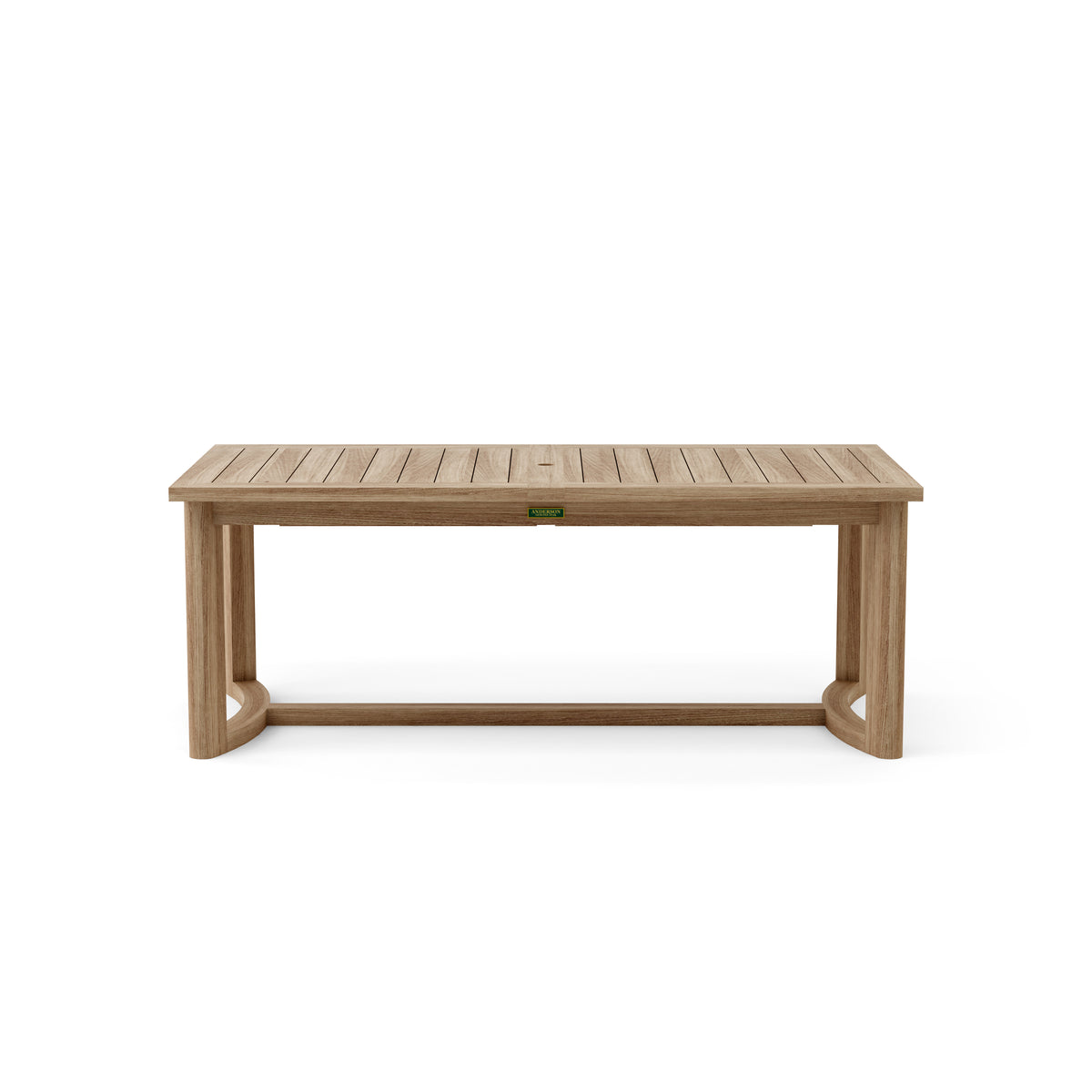 Coronado teak dining table in its closed configuration.