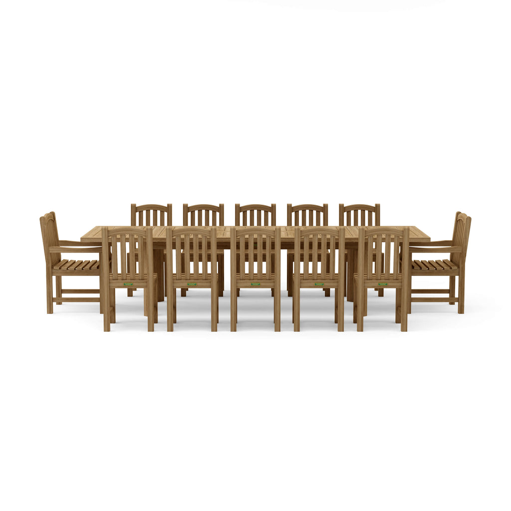Chelsea teak dining set shown with extension table and twelve chairs