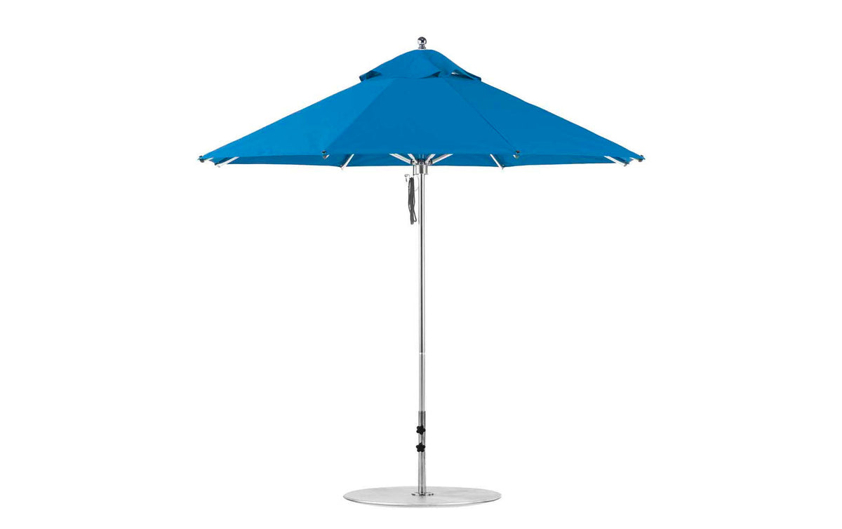Pacific Blue 9-foot Premier pulley umbrella. Display stand shown; set includes black Fill-Up Base pictured separately.