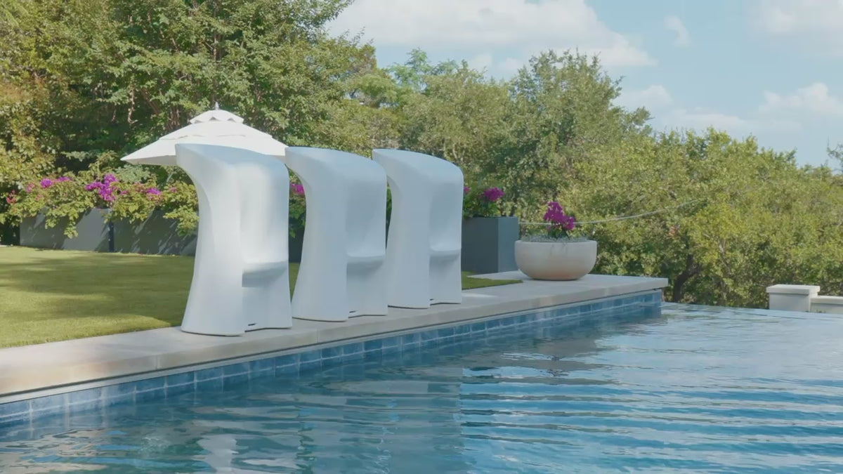 Captioned Ledge Lounger Signature Barstool video showing pool use, adjustable feet and both heights.