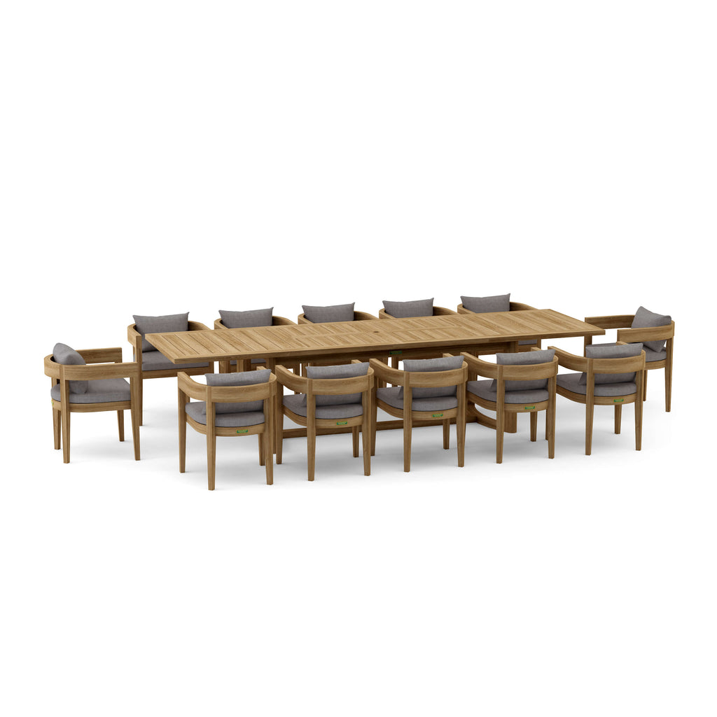 Coronado teak extension dining set for twelve with Cast Slate seat and back cushions.