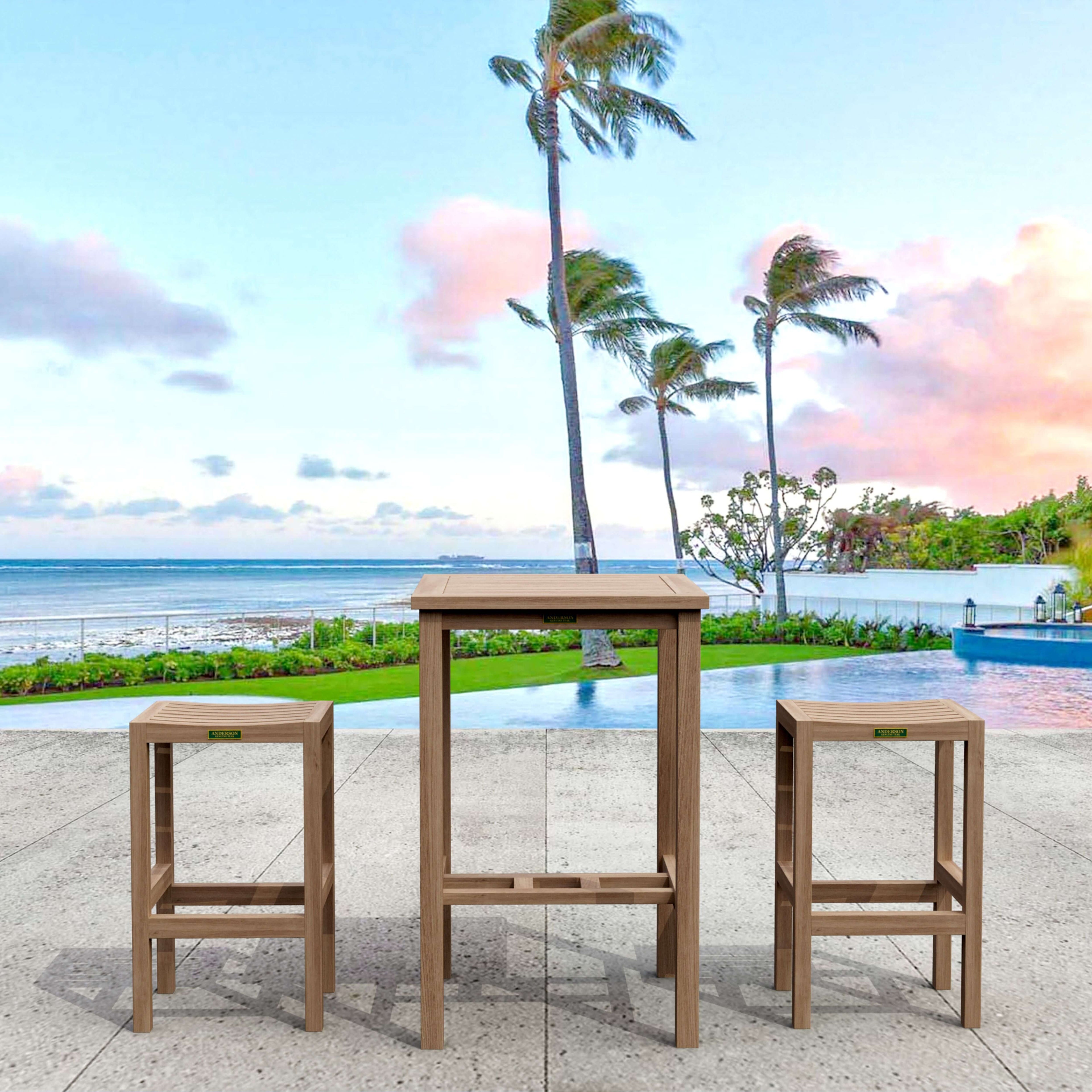 Avalon 3-piece teak bar set with two Montego backless chairs beside an oceanfront pool